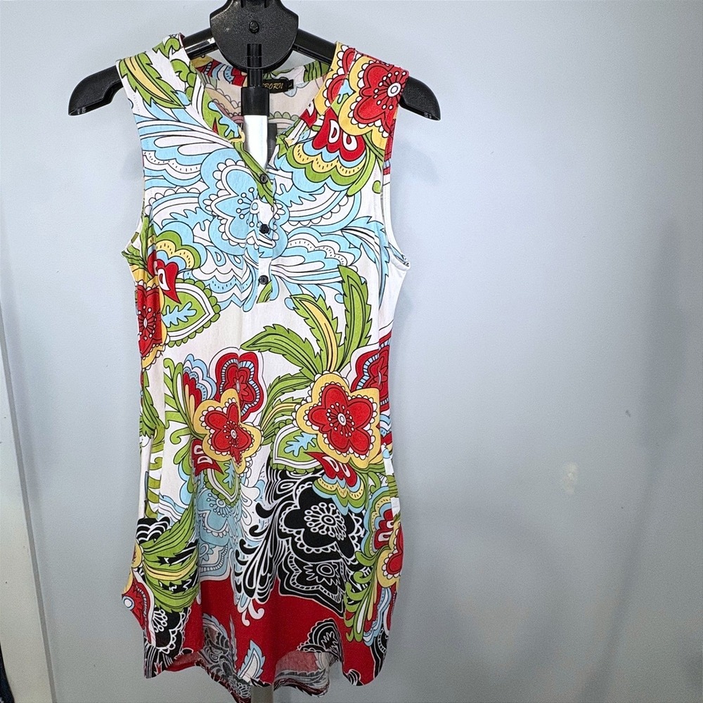 Reborn Women Red Floral Paisley Sleeveless Henley Dress Size L NEW